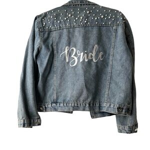 Embroidered “Bride” Denim Jacket with Pearl Accents